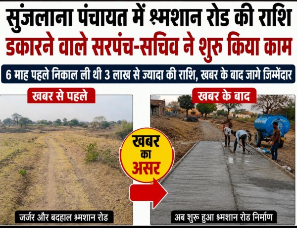 खबर का असर: सुजलाना पंचायत में श्मशान रोड की राशि डकारने वाले सरपंच सचिव ने शुरू किया काम, 6 माह पहले निकाल ली थी 3 लाख से ज्यादा की राशि, खबर के बाद जागे जिम्मेदार